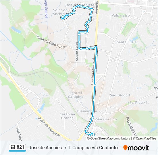 Mapa da linha 821 de ônibus