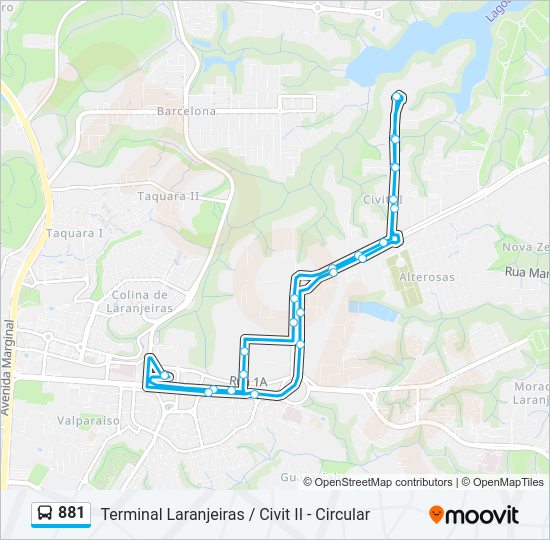 Mapa da linha 881 de ônibus