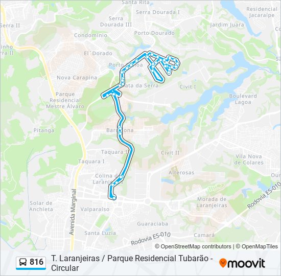 Mapa da linha 816 de ônibus