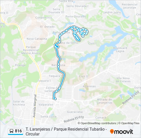 Mapa da linha 816 de ônibus