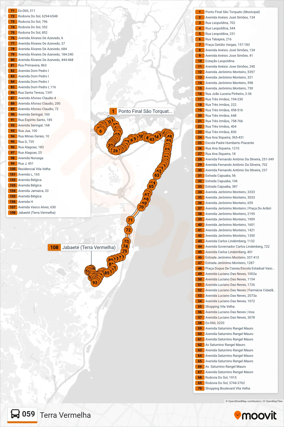 059 bus Line (Terra Vermelha) route and stops on a map