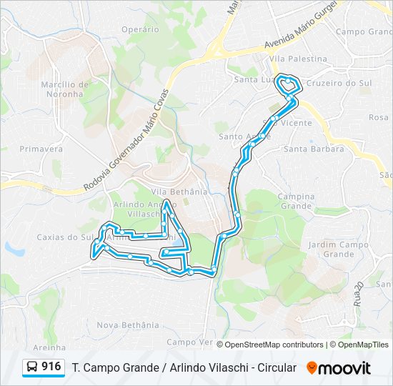 Mapa da linha 916 de ônibus