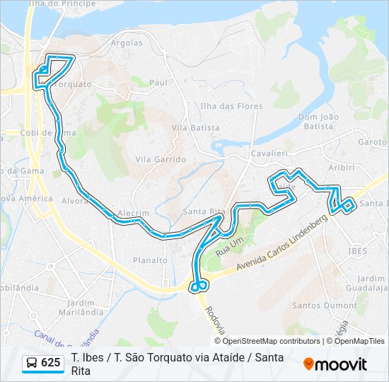 Mapa da linha 625 de ônibus
