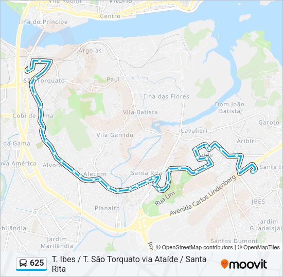 Mapa da linha 625 de ônibus
