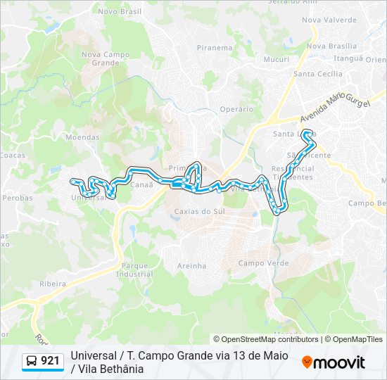 Mapa da linha 921 de ônibus
