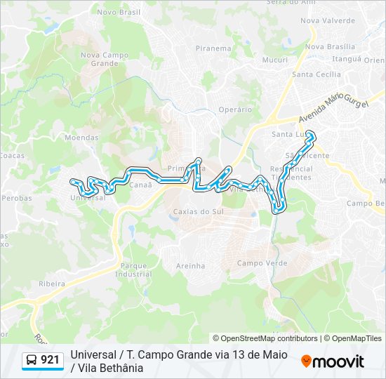 Mapa da linha 921 de ônibus