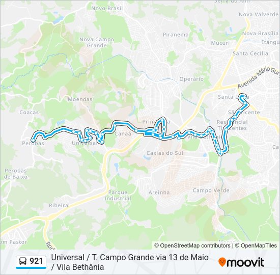 Mapa da linha 921 de ônibus