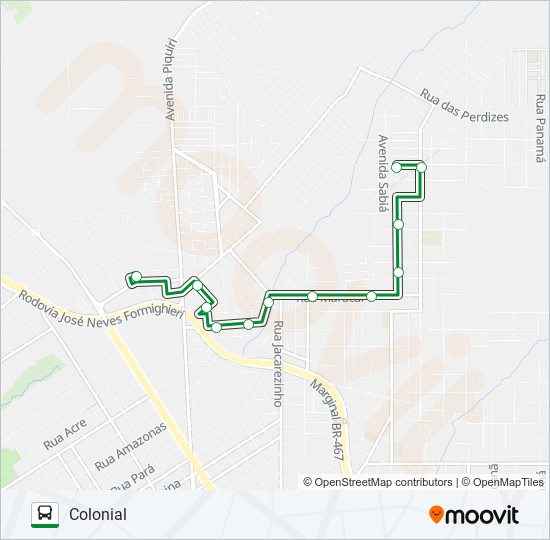 Mapa da linha 091 COLONIAL VIA BRASMADEIRA de ônibus