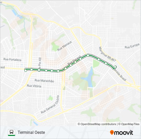 Mapa da linha 001 LESTE - OESTE de ônibus