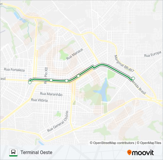 Mapa da linha 002 EXPRESSO LESTE - OESTE de ônibus