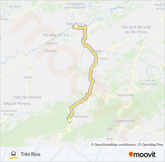 Mapa da linha TRÊS RIOS - PETRÓPOLIS de ônibus