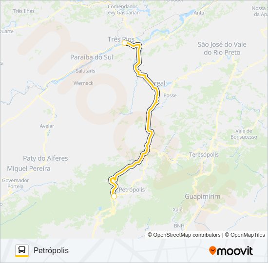 Mapa da linha TRÊS RIOS - PETRÓPOLIS de ônibus