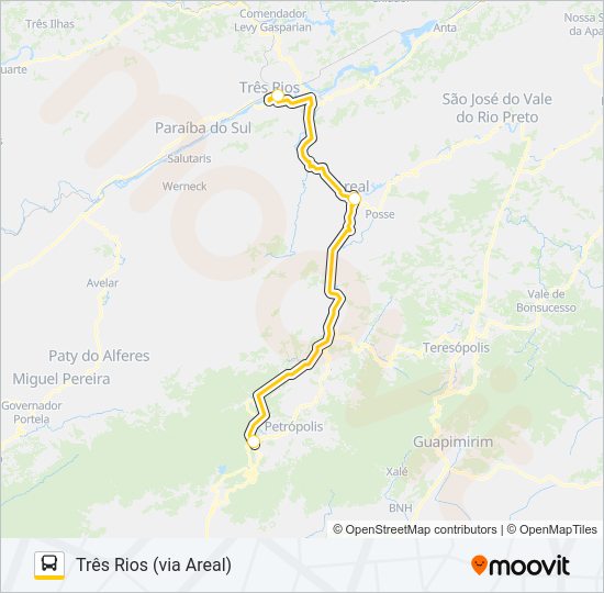 Mapa da linha TRÊS RIOS - PETRÓPOLIS de ônibus