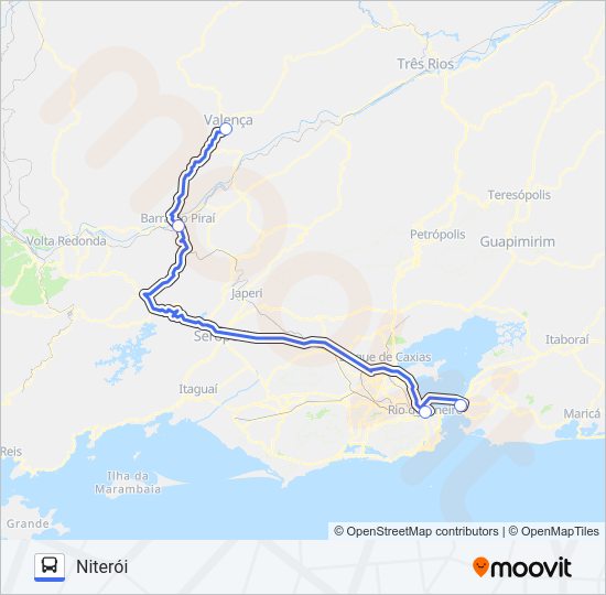 Mapa da linha VALENÇA - NITERÓI (VIA BARRA DO PIRAÍ) de ônibus