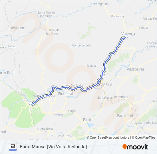 Mapa da linha VALENÇA - BARRA MANSA (VIA VOLTA REDONDA) de ônibus