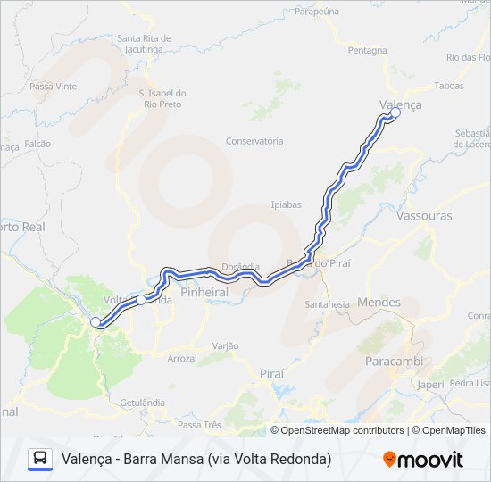 Mapa da linha VALENÇA - BARRA MANSA (VIA VOLTA REDONDA) de ônibus