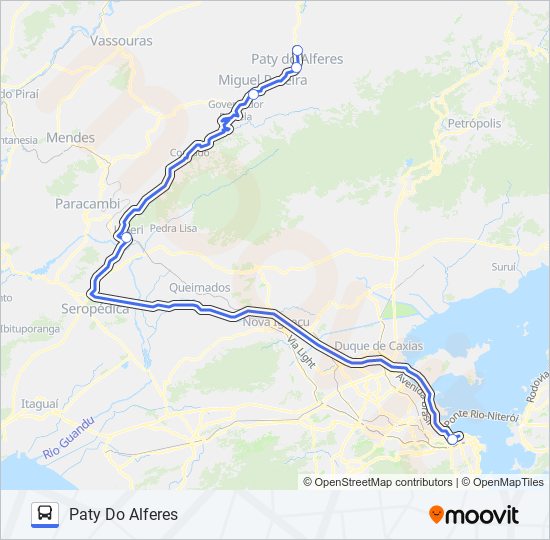 Mapa da linha PATY DO ALFERES - RIO (VIA MIGUEL PEREIRA) de ônibus