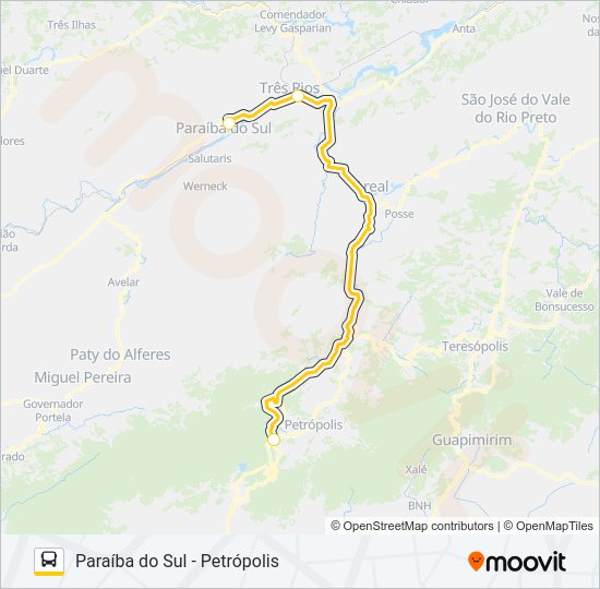 Mapa da linha PARAÍBA DO SUL - PETRÓPOLIS de ônibus