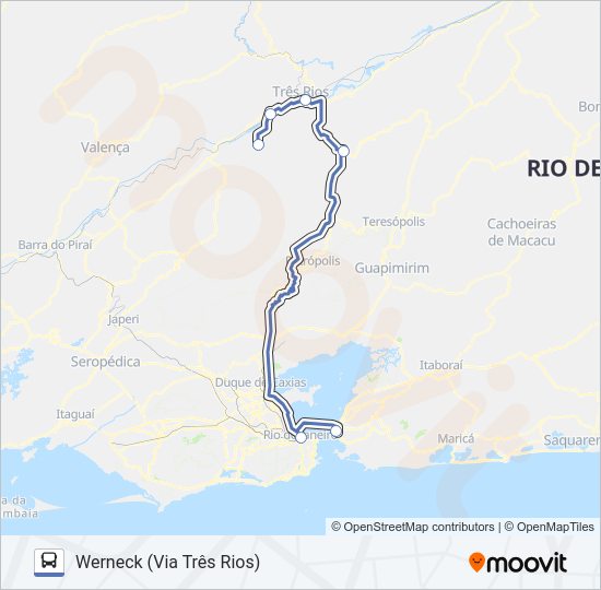 Mapa da linha WERNECK - NITERÓI (VIA TRÊS RIOS) de ônibus