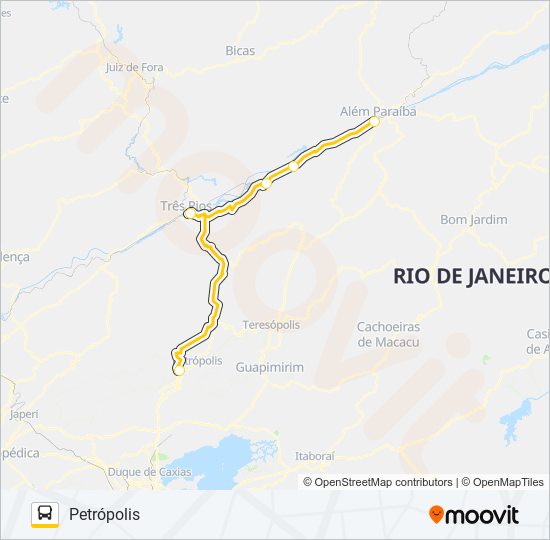 Mapa da linha PETRÓPOLIS - ALÉM PARAÍBA de ônibus