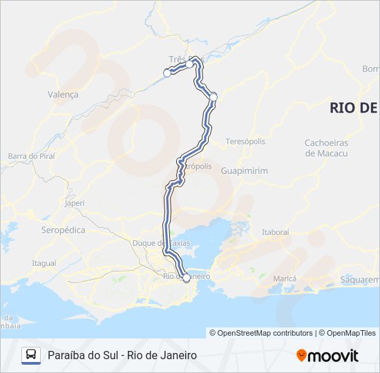 Mapa da linha PARAÍBA DO SUL - RIO DE JANEIRO de ônibus