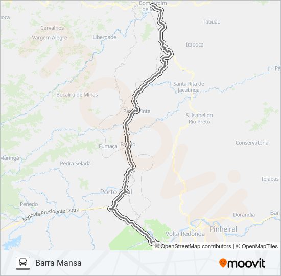 Mapa da linha BARRA MANSA - BOM JARDIM DE MINAS (VIA PASSA VINTE) de ônibus