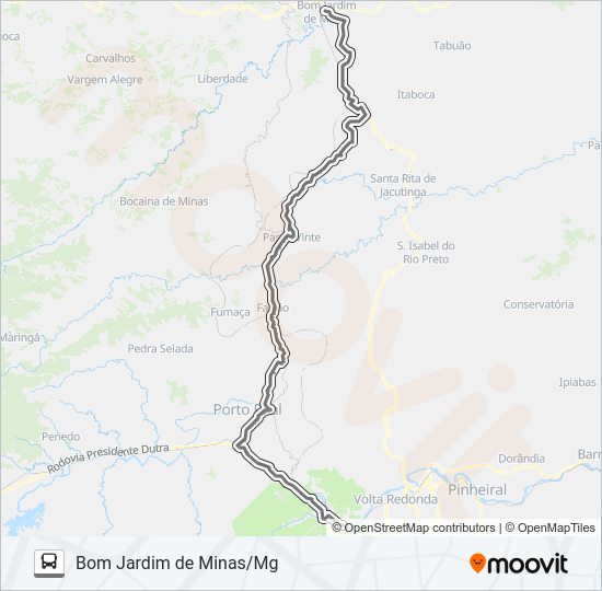 Mapa da linha BARRA MANSA - BOM JARDIM DE MINAS (VIA PASSA VINTE) de ônibus