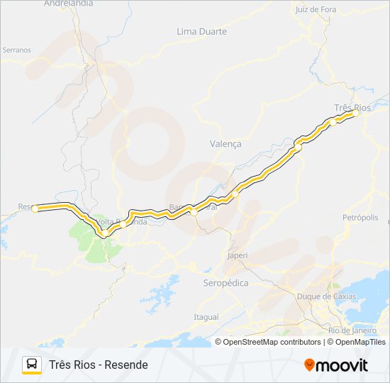Mapa da linha TRÊS RIOS - RESENDE de ônibus