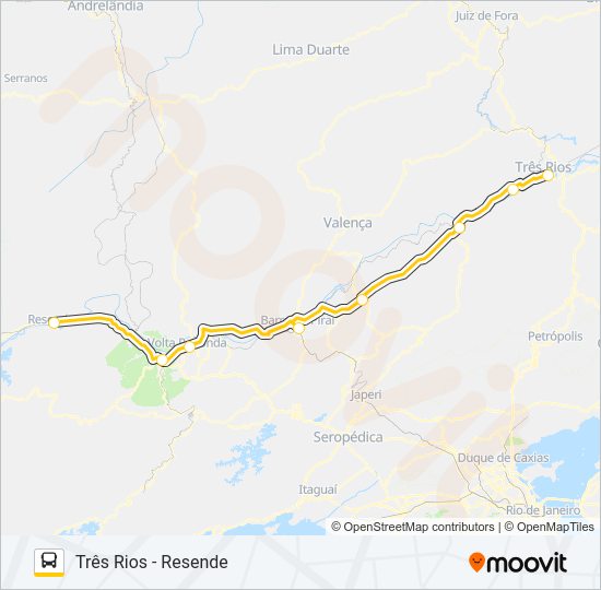 Mapa da linha TRÊS RIOS - RESENDE de ônibus