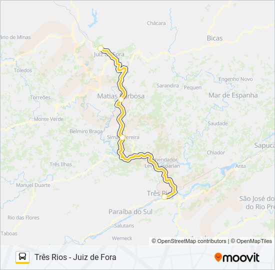 Mapa da linha TRÊS RIOS - JUIZ DE FORA de ônibus
