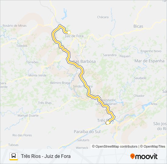 Mapa da linha TRÊS RIOS - JUIZ DE FORA de ônibus
