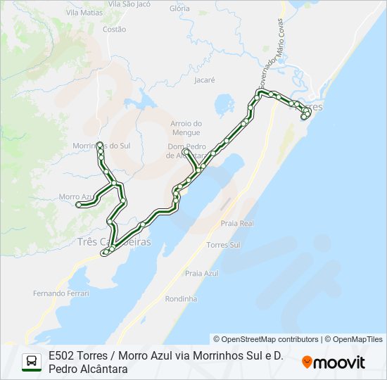 Mapa da linha E502 TORRES / MORRO AZUL VIA MORRINHOS SUL E D. PEDRO ALCÂNTARA de ônibus