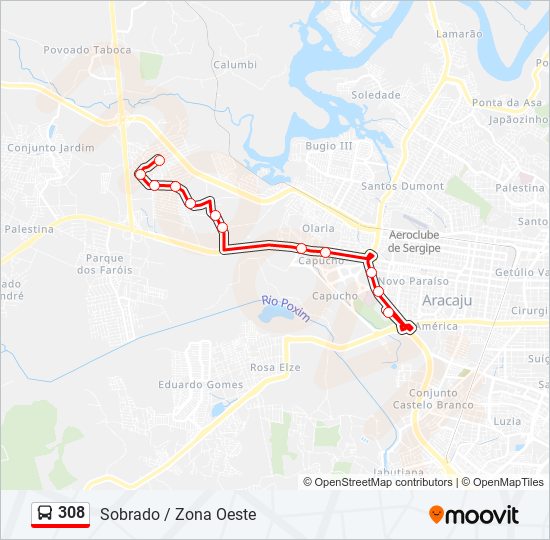 Mapa da linha 308 de ônibus