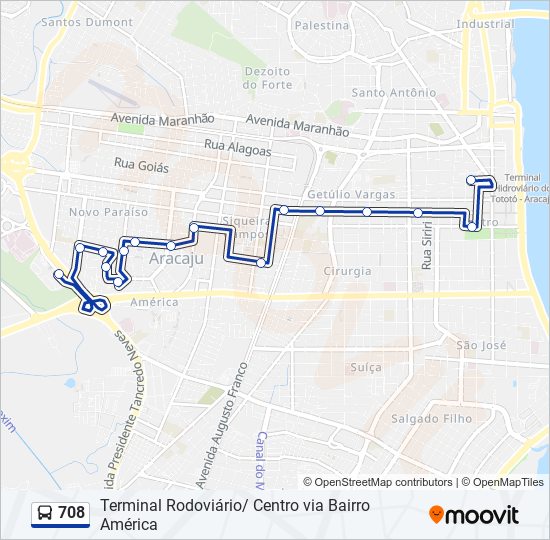 Mapa da linha 708 de ônibus