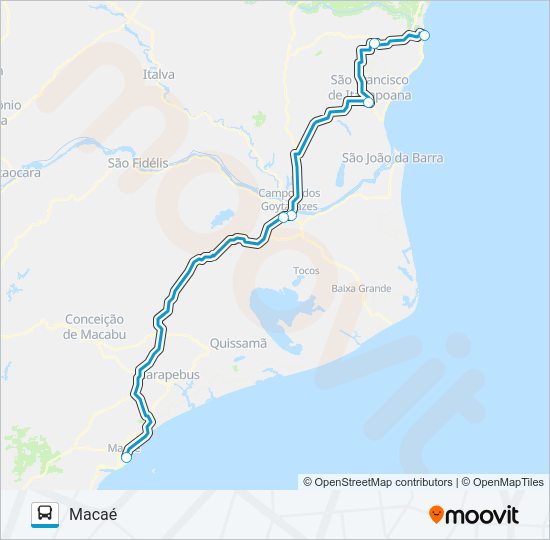 Mapa da linha MACAÉ - BARRA DE ITABAPOANA de ônibus