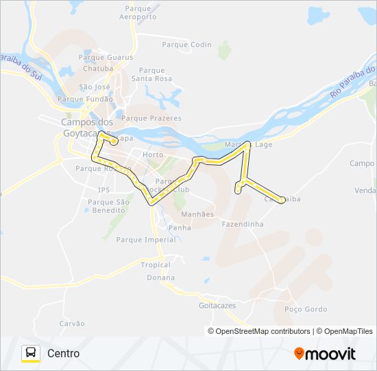 Mapa da linha CENTRO - CAMBAIBA (VIA MARTINS LAGE) de ônibus