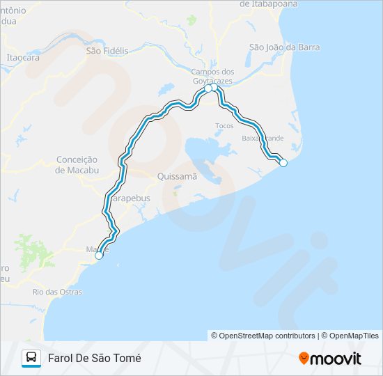 Mapa da linha FAROL DE SÃO TOMÉ - MACAÉ de ônibus