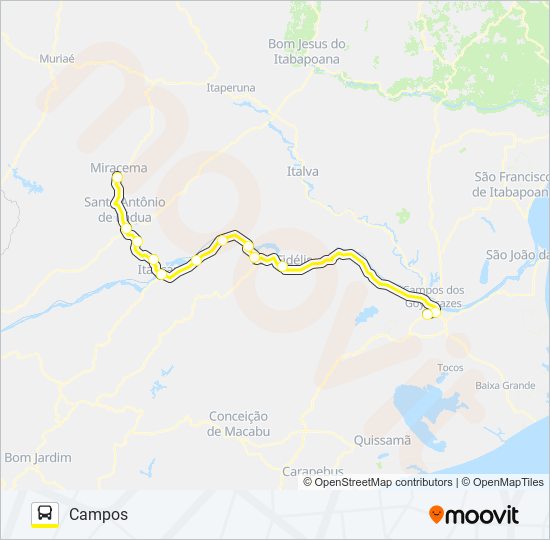Mapa da linha CAMPOS - MIRACEMA (VIA CAMBUCI) de ônibus
