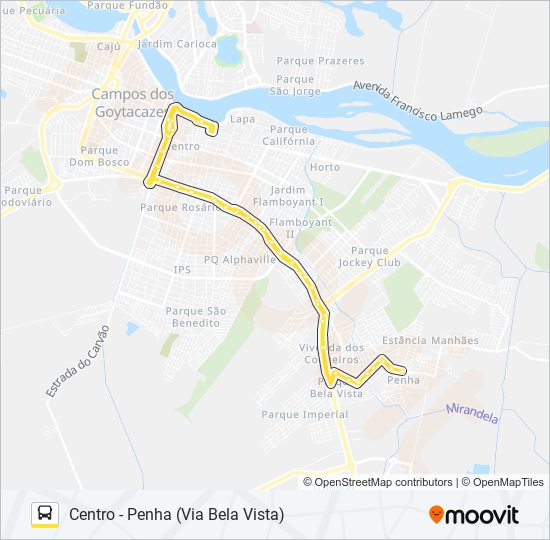 Mapa da linha CENTRO - PENHA (VIA BELA VISTA) de ônibus