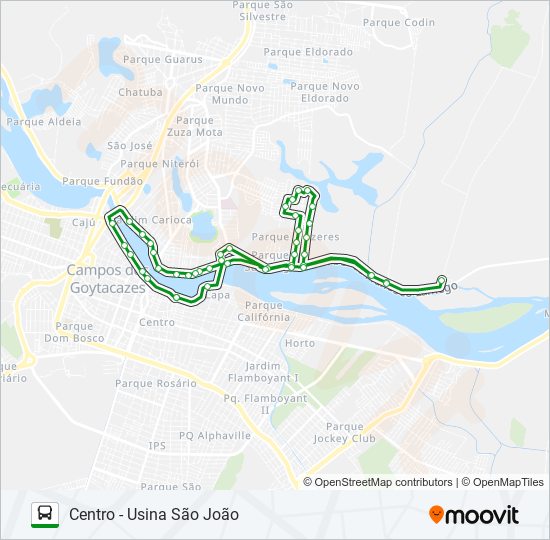 Mapa da linha CENTRO - USINA SÃO JOÃO de ônibus