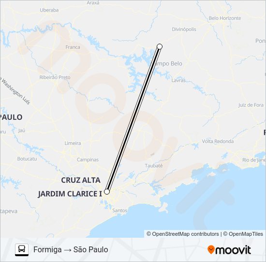 Mapa da linha FORMIGA X SÃO PAULO de ônibus