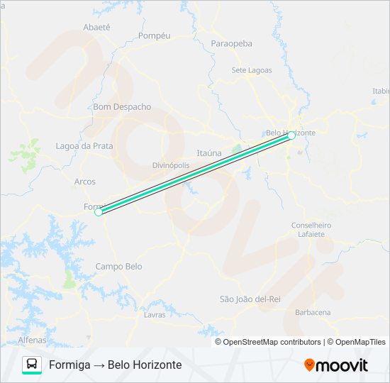 Mapa da linha FORMIGA X BELO HORIZONTE de ônibus