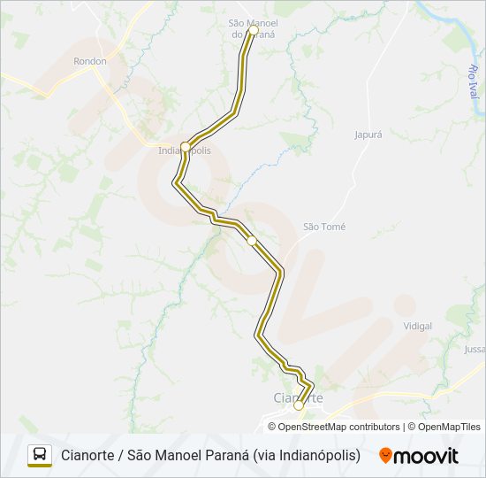 Mapa da linha 0457-500 CIANORTE / SÃO MANOEL PARANÁ (VIA INDIANÓPOLIS) de ônibus