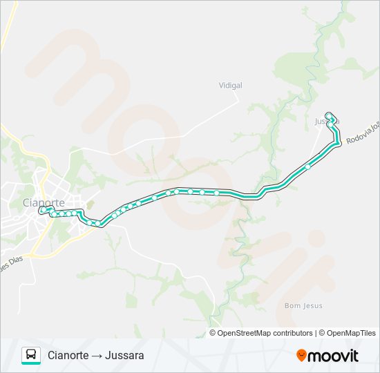 Mapa da linha 1536-500 CIANORTE / JUSSARA de ônibus