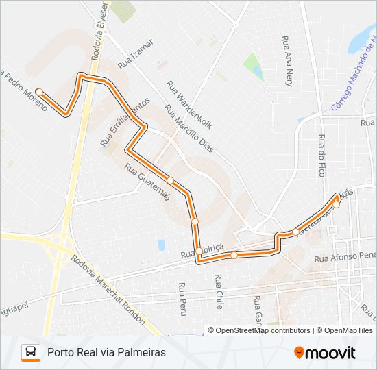Mapa da linha 107 TERMINAL - PORTO REAL VIA PALMEIRAS de ônibus