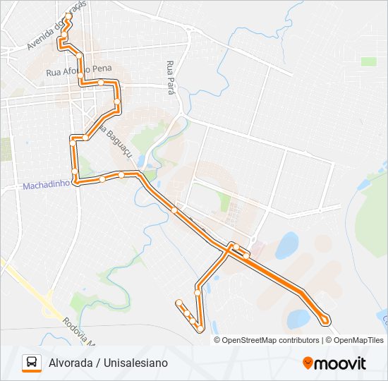 Mapa da linha 123 ALVORADA / UNISALESIANO de ônibus
