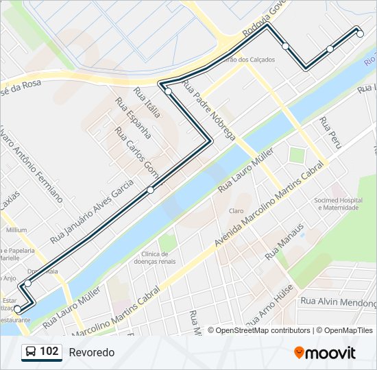 Mapa da linha 102 de ônibus