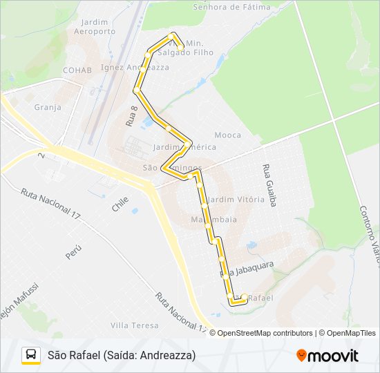 Mapa da linha 001 AEROPORTO ANDREAZZA de ônibus