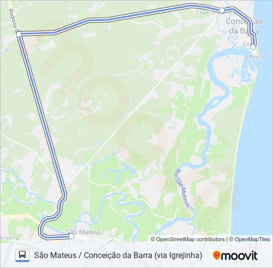 Mapa da linha 013 SÃO MATEUS / CONCEIÇÃO DA BARRA (VIA IGREJINHA) de ônibus