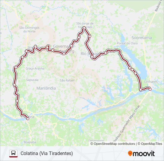 Mapa da linha 084 COLATINA / LINHARES (VIA TIRADENTES) de ônibus